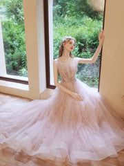 Pink tulle beads long prom dress, pink sweet 16 dress - RongMoon