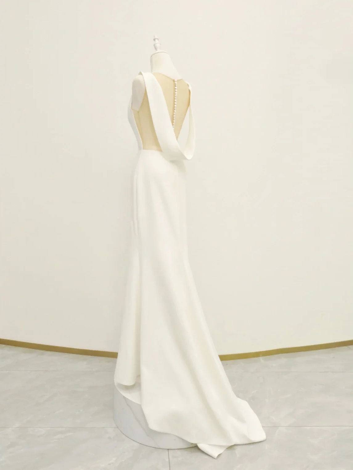 White v neck long prom dress, white evening dress - RongMoon