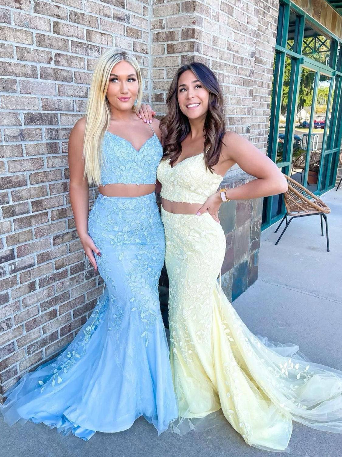 Unique two pieces lace mermaid long prom dress, lace evening dress - RongMoon