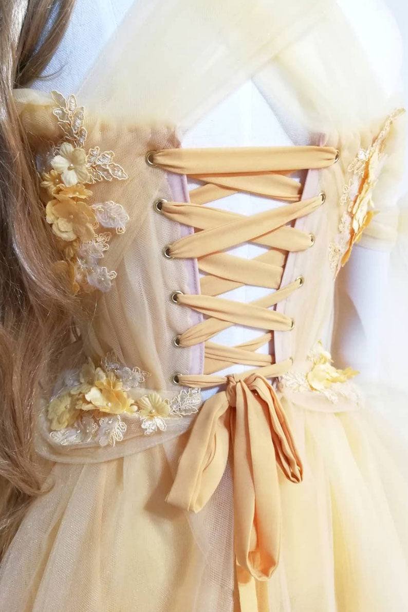 Yellow sweetheart tulle lace long prom dress yellow formal dress - RongMoon