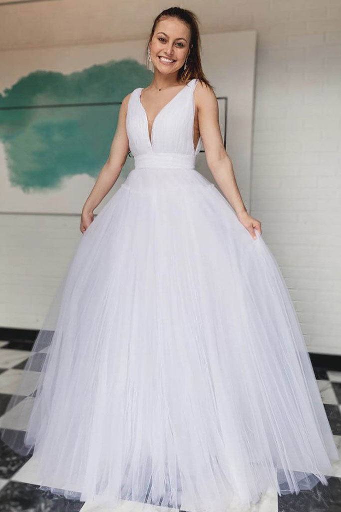 Simple v neck white tulle long prom dress white long evening dress - RongMoon