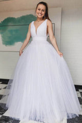 Simple v neck white tulle long prom dress white long evening dress - RongMoon