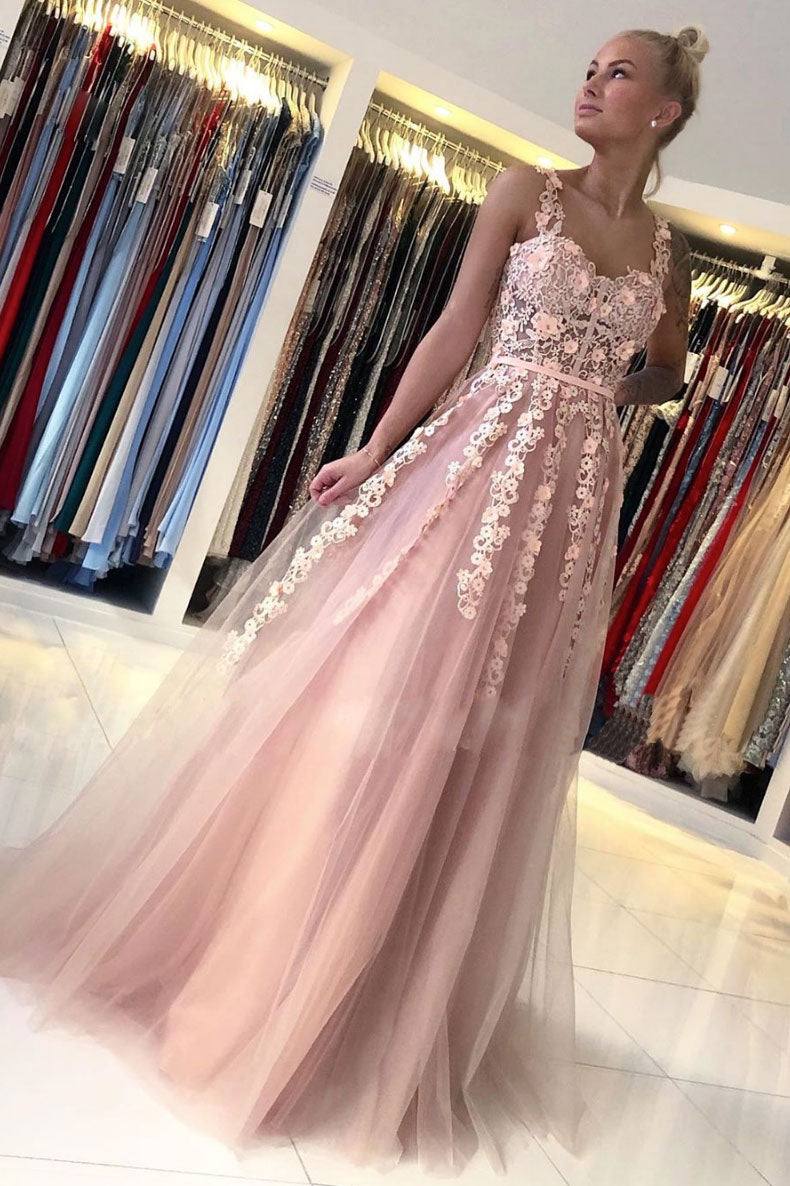 Pink sweetheart tulle lace long prom dress lace evening dress - RongMoon