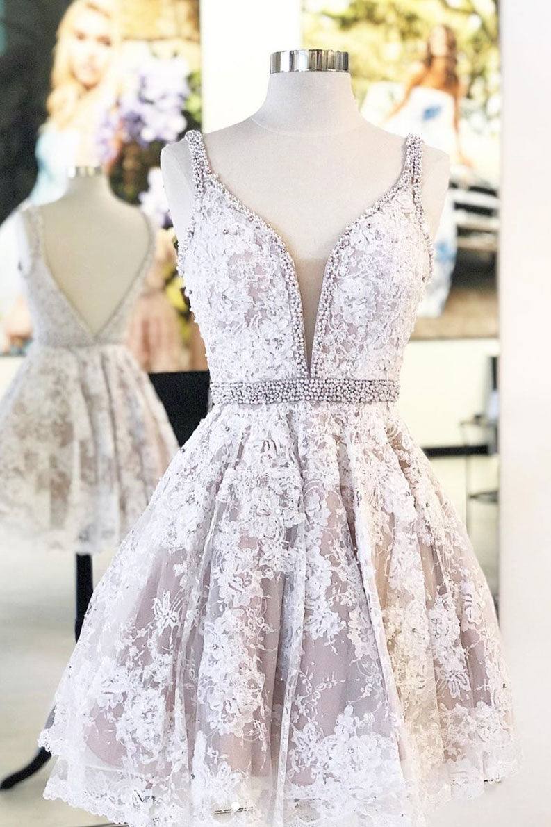 Cute v neck lace short prom dress lace homecoming dress - RongMoon