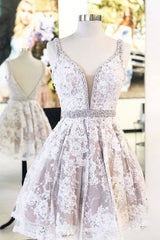 Cute v neck lace short prom dress lace homecoming dress - RongMoon