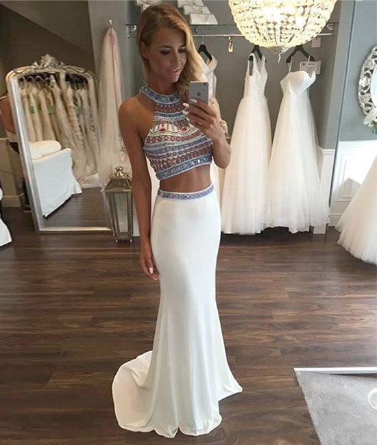 Custom Made White Mermaid Two Pieces Long Prom Dress, Formal Dress - RongMoon