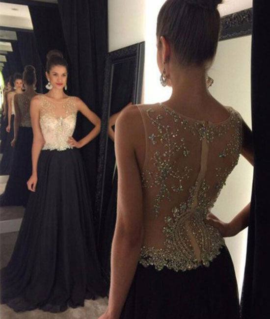 Black round neck lace long prom dress, evening dress - RongMoon