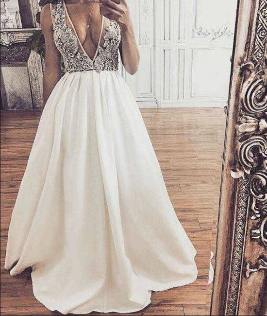 White v neck sequin beaded long prom dress, white evening dress - RongMoon