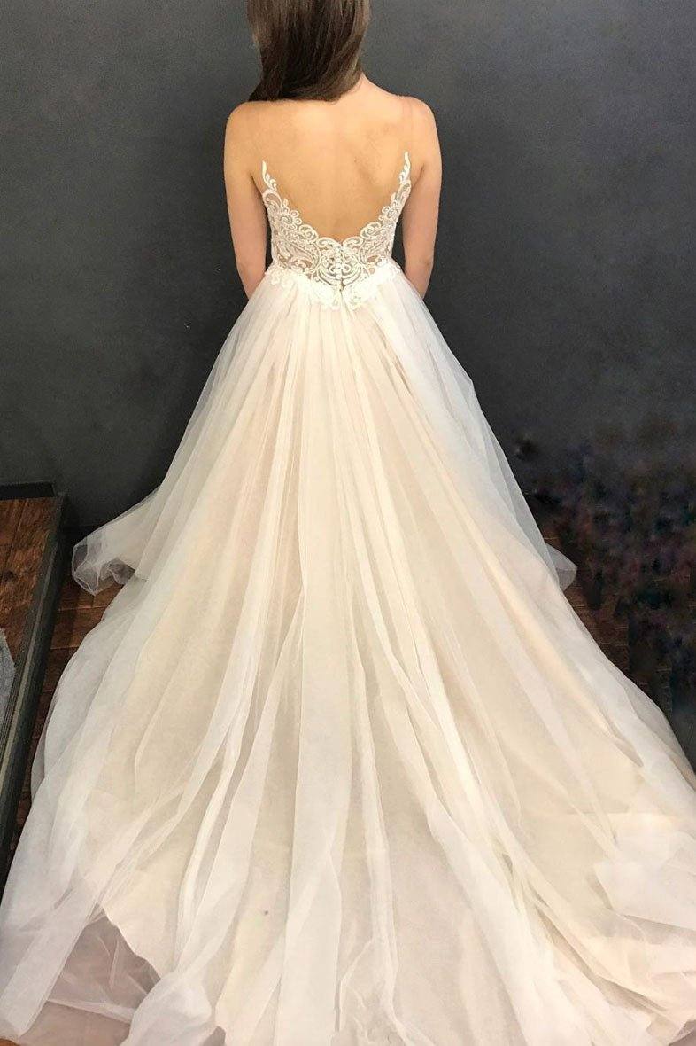 Light champagne tulle lace long prom dress, tulle formal dress - RongMoon