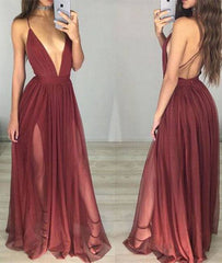 simple v neck chiffon Burgundy long prom dress, evening dress - RongMoon