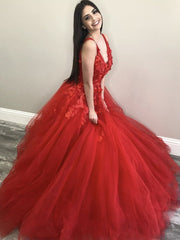 Tulle A Line Appliques V Neck Red Flower Long Prom Dress