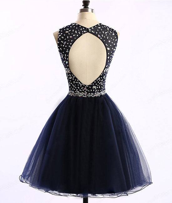 Dark blue tulle short prom dress, cute homecoming dress - RongMoon