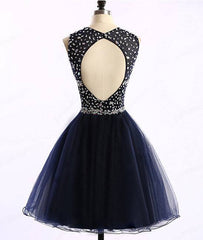 Dark blue tulle short prom dress, cute homecoming dress - RongMoon