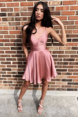 Pink satin short prom dress pink homecoming dress - RongMoon