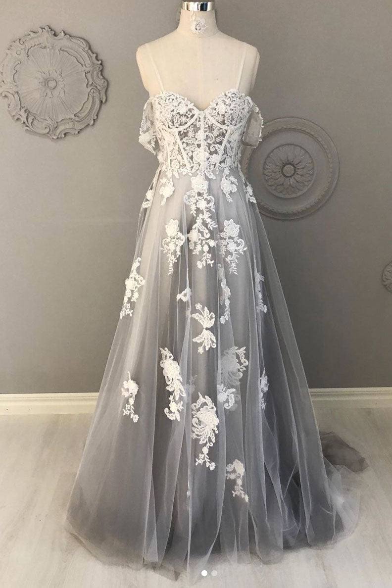 Gray tulle lace long prom dress gray tulle lace formal dress - RongMoon