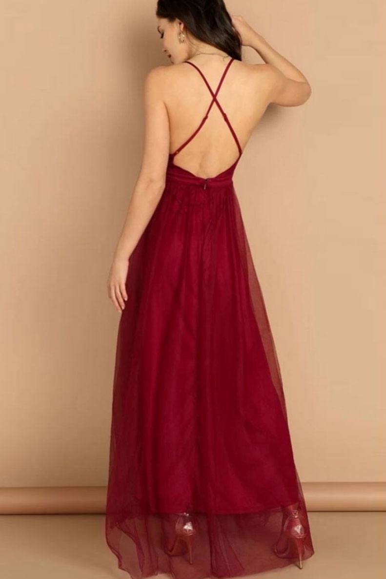 Simple v neck burgundy tulle long prom dress burgundy evening dress - RongMoon
