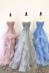 Elegant sweetheart tulle lace long prom dress tulle formal dress - RongMoon