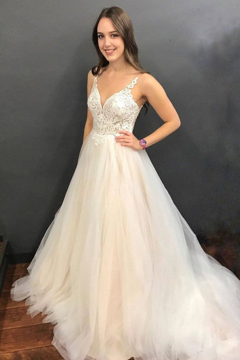 Light champagne tulle lace long prom dress, tulle formal dress - RongMoon