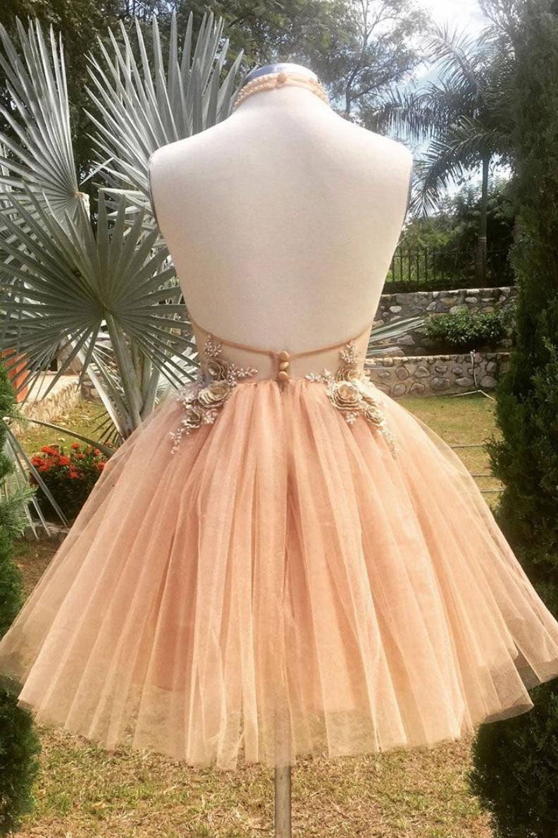 Champagne high neck tulle lace short prom dress tulle formal dress - RongMoon
