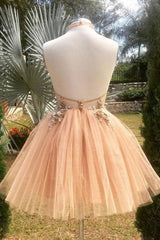Champagne high neck tulle lace short prom dress tulle formal dress - RongMoon