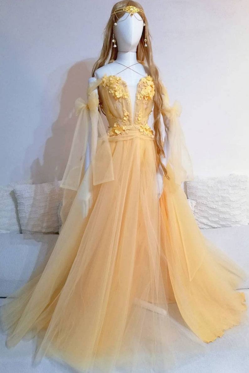 Yellow sweetheart tulle lace long prom dress yellow formal dress - RongMoon