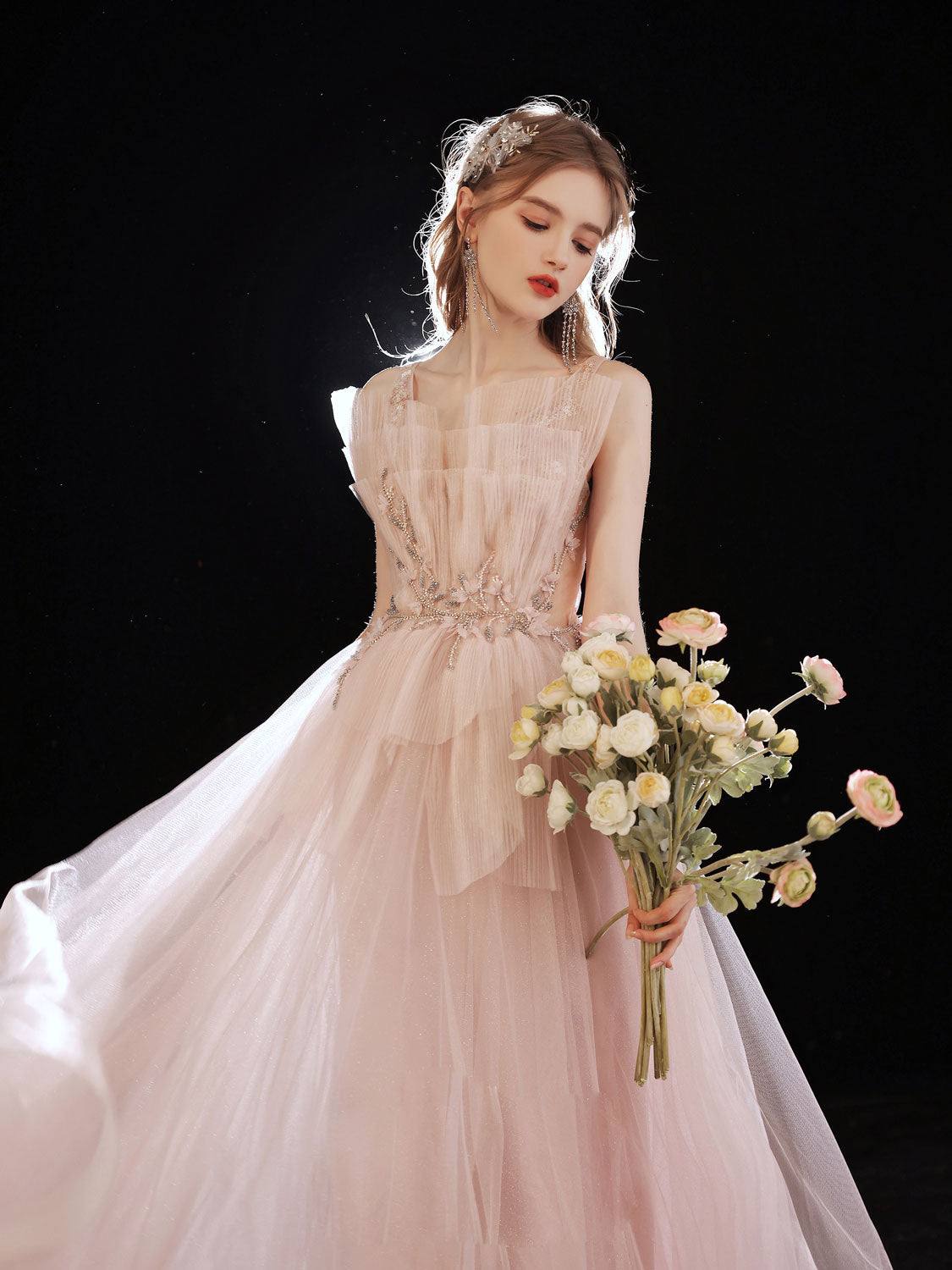 Pink tulle beads long prom dress, pink sweet 16 dress - RongMoon