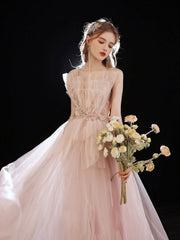 Pink tulle beads long prom dress, pink sweet 16 dress - RongMoon