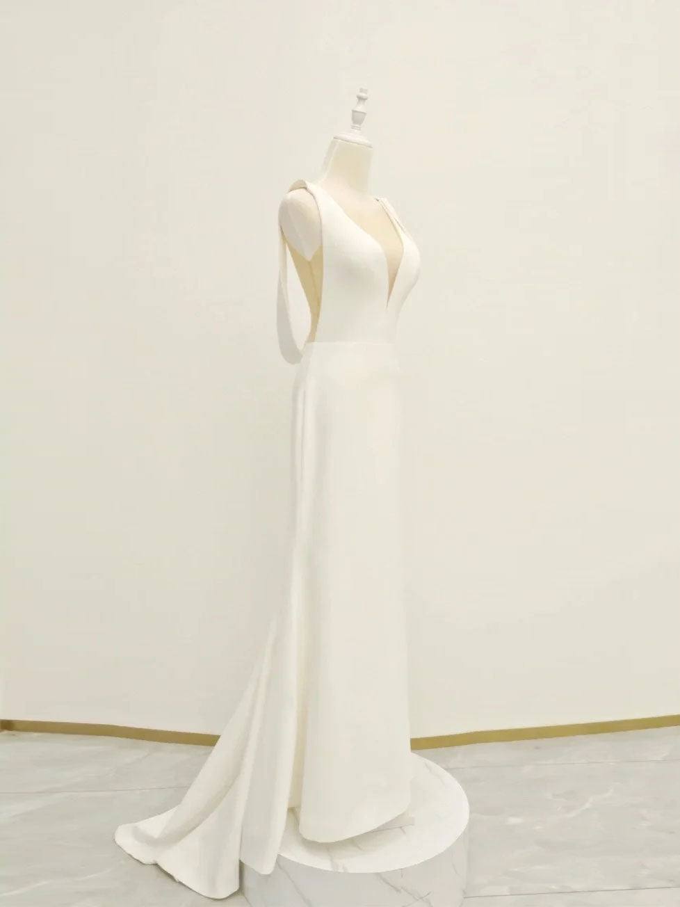 White v neck long prom dress, white evening dress - RongMoon