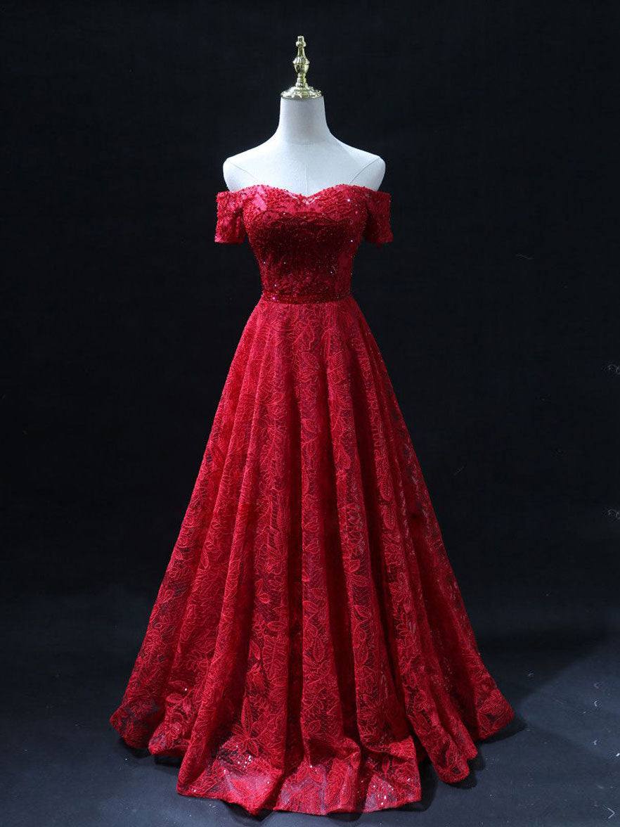 Burgundy A line lace tulle beads long prom dress, burgundy bridesmaid dress - RongMoon