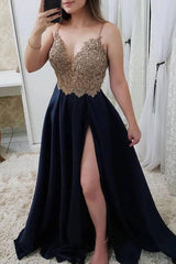 Unique lace satin long prom dress, lace long evening dress - RongMoon
