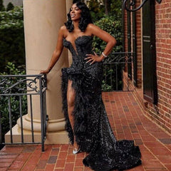 Black Sequined Strapless Prom Dresses Sexy Sweetheart Feather High Split Mermaid Evening Gowns South African Party Dress Robe - RongMoon