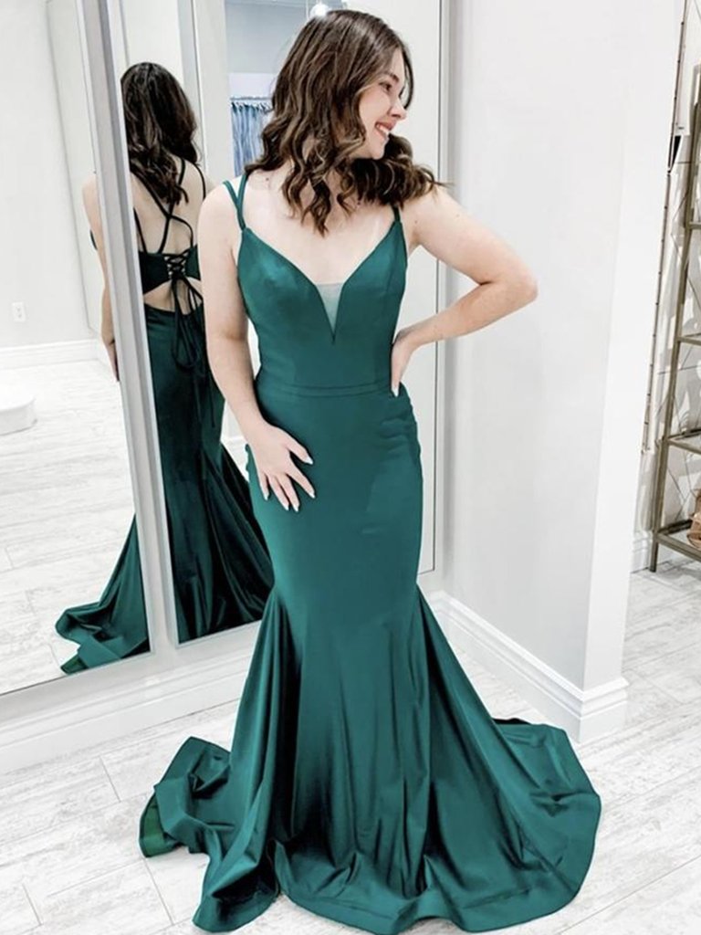 Spaghetti Straps Sheath Column Dark Green Satin Sweep Train Prom Dress
