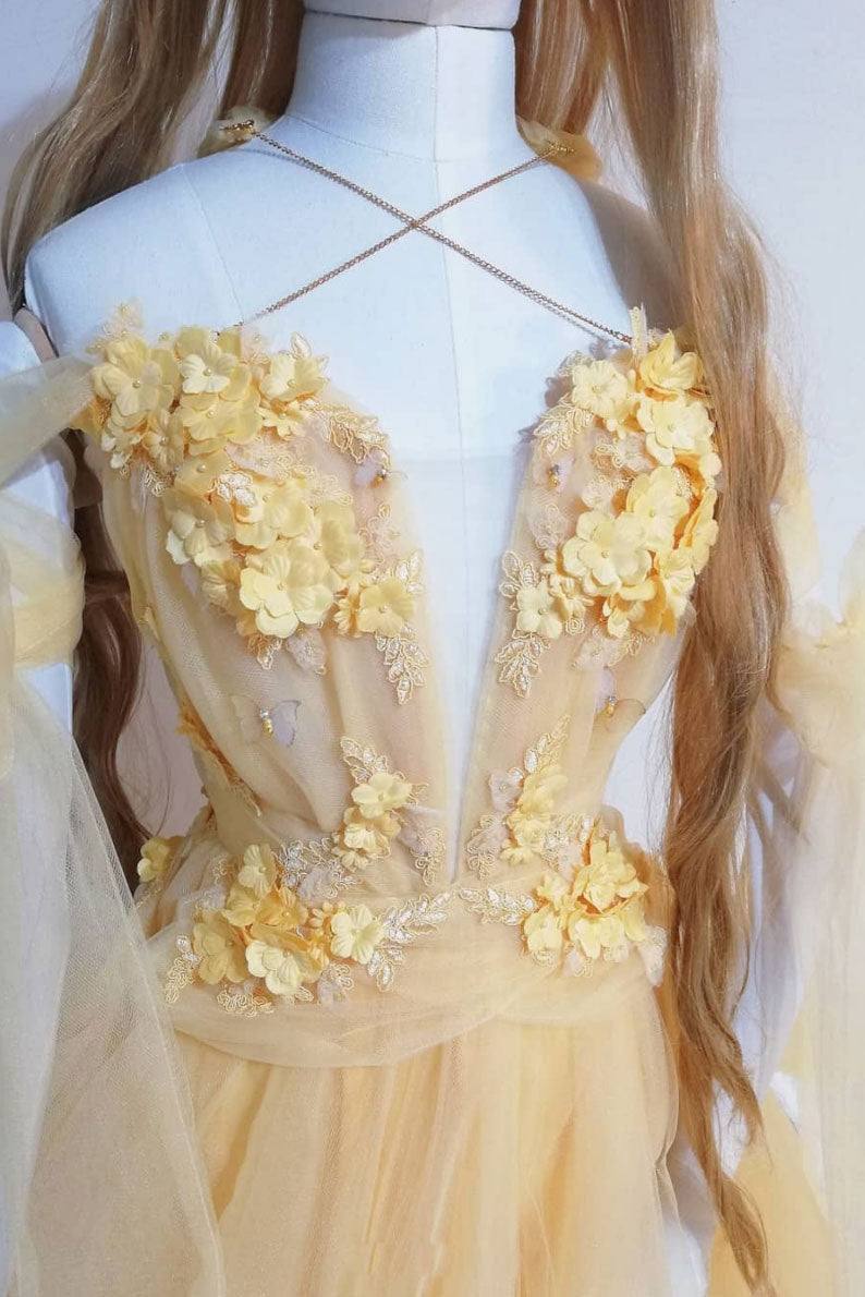 Yellow sweetheart tulle lace long prom dress yellow formal dress - RongMoon
