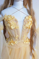 Yellow sweetheart tulle lace long prom dress yellow formal dress - RongMoon