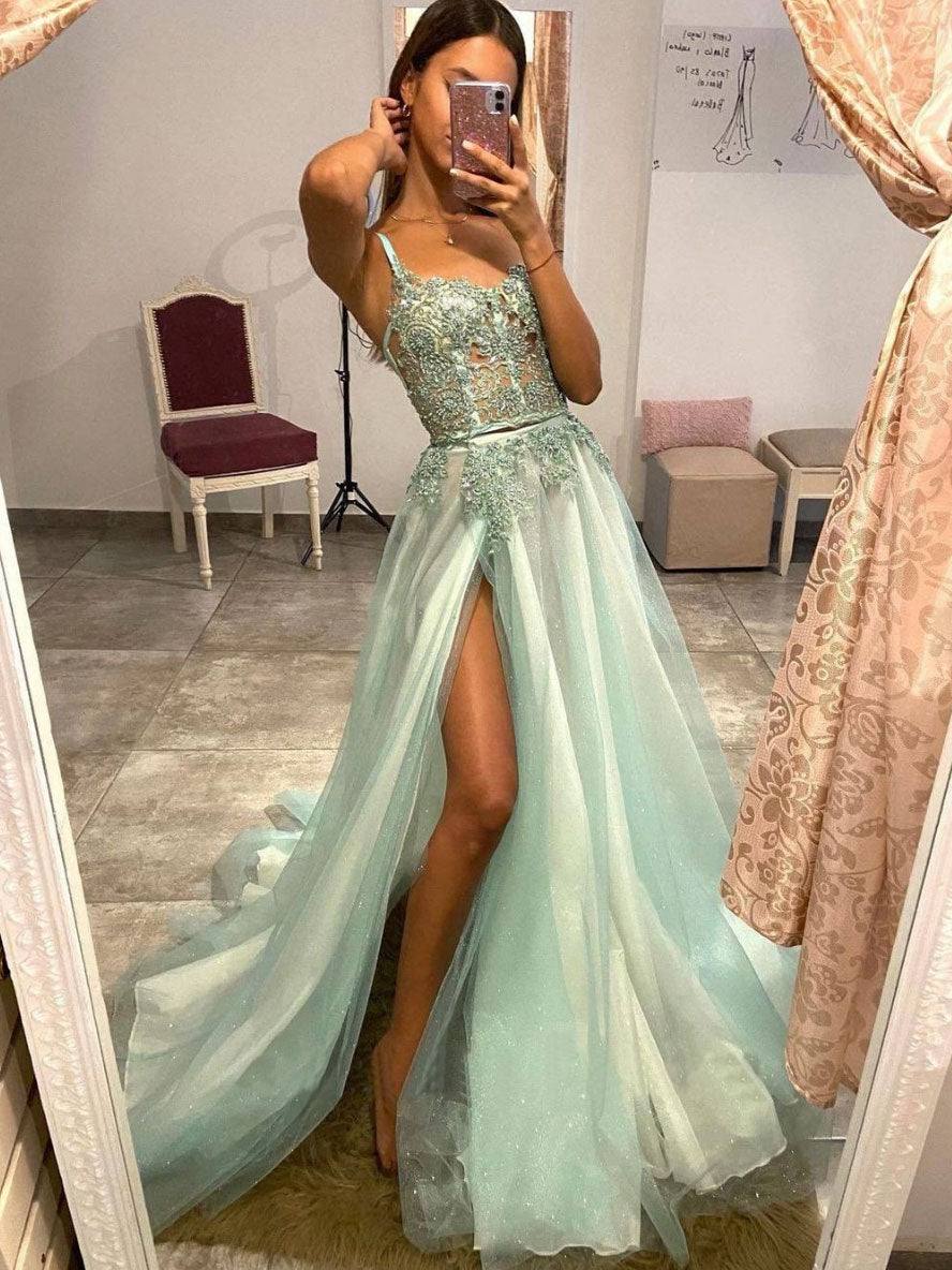 Green sweetheart tulle lace long prom dress, green evening dress - RongMoon