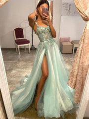 Green sweetheart tulle lace long prom dress, green evening dress - RongMoon