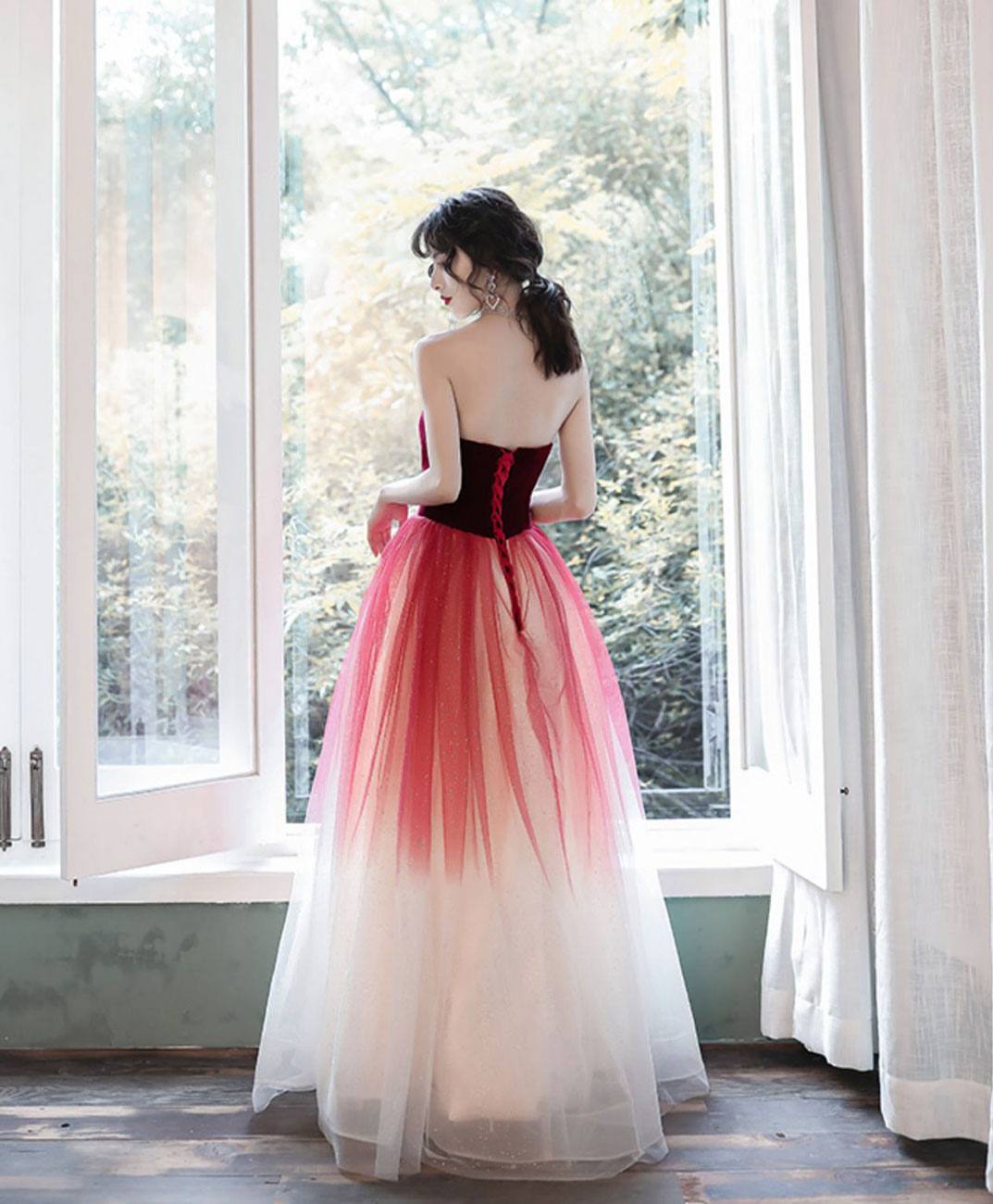 A-Line Tulle Burgundy Long Prom Dresses, Burgundy Formal Party Dress - RongMoon