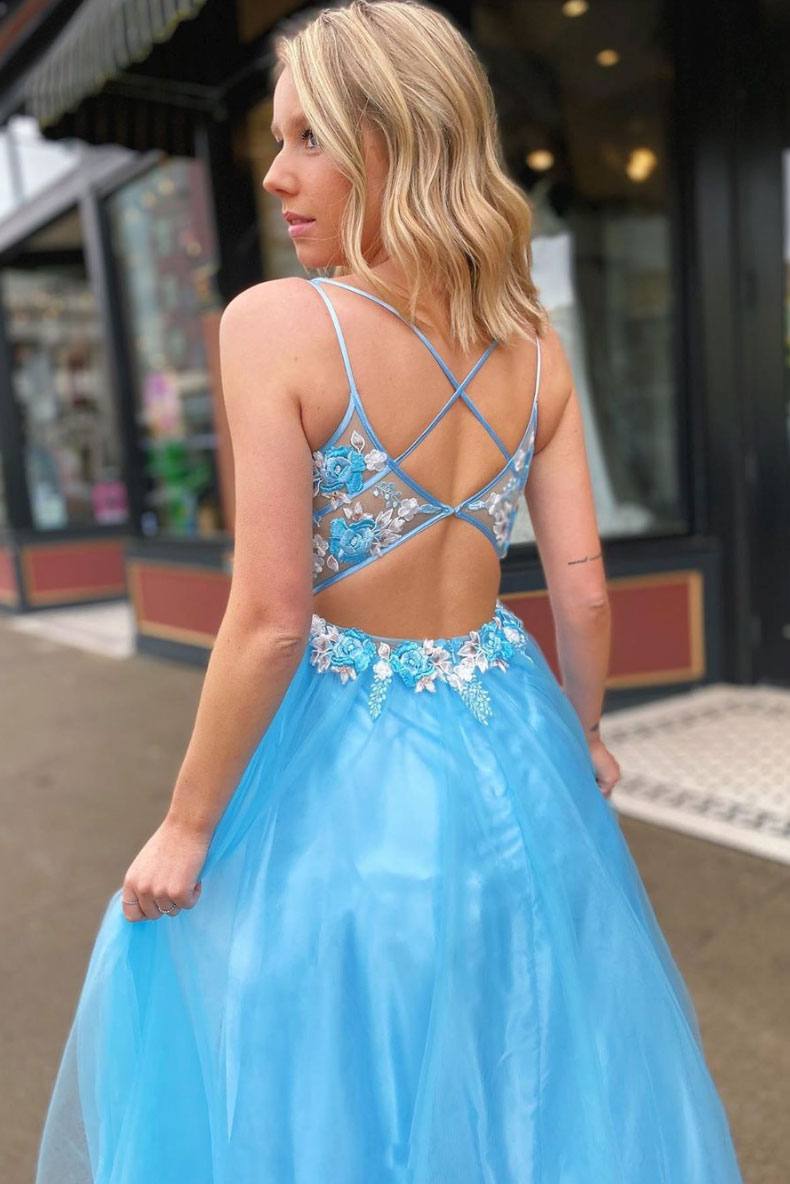 Blue v neck tulle lace long prom dress blue evening dress - RongMoon