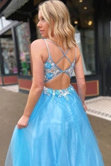 Blue v neck tulle lace long prom dress blue evening dress - RongMoon