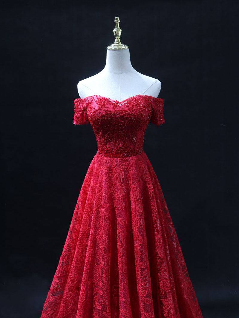 Burgundy A line lace tulle beads long prom dress, burgundy bridesmaid dress - RongMoon