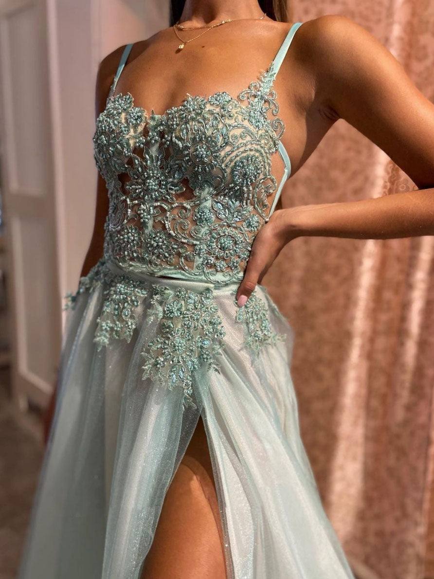 Green sweetheart tulle lace long prom dress, green evening dress - RongMoon