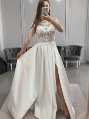 Short Sleeve Satin Lace White Scoop Appliques Beading Prom Dress