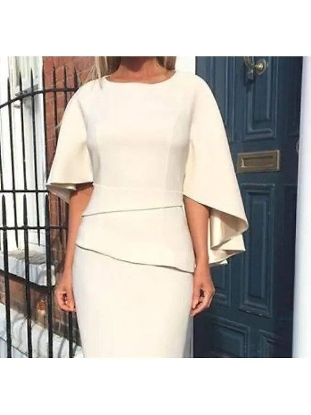 Sheath / Column Mother of the Bride Dress Elegant Jewel Neck Knee Length Charmeuse Half Sleeve with Tier - RongMoon