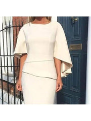 Sheath / Column Mother of the Bride Dress Elegant Jewel Neck Knee Length Charmeuse Half Sleeve with Tier - RongMoon