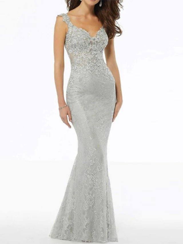 Mermaid / Trumpet Mother of the Bride Dress Elegant V Neck Floor Length Lace Sleeveless with Lace Appliques - RongMoon