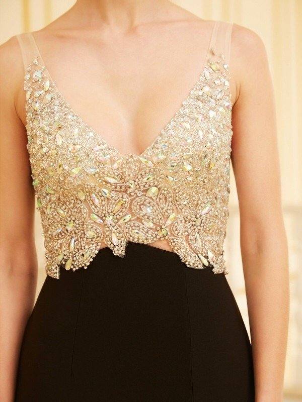 Sheath/Column V-neck Beading Sleeveless Sweep/Brush Train Spandex Dresses - RongMoon