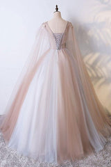Tulle V Neck Appliques Champagne Long Sleeves Flower Prom Dress