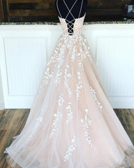 Champagne Long Lace Appliques Tulle Lace Up Back Prom Dress