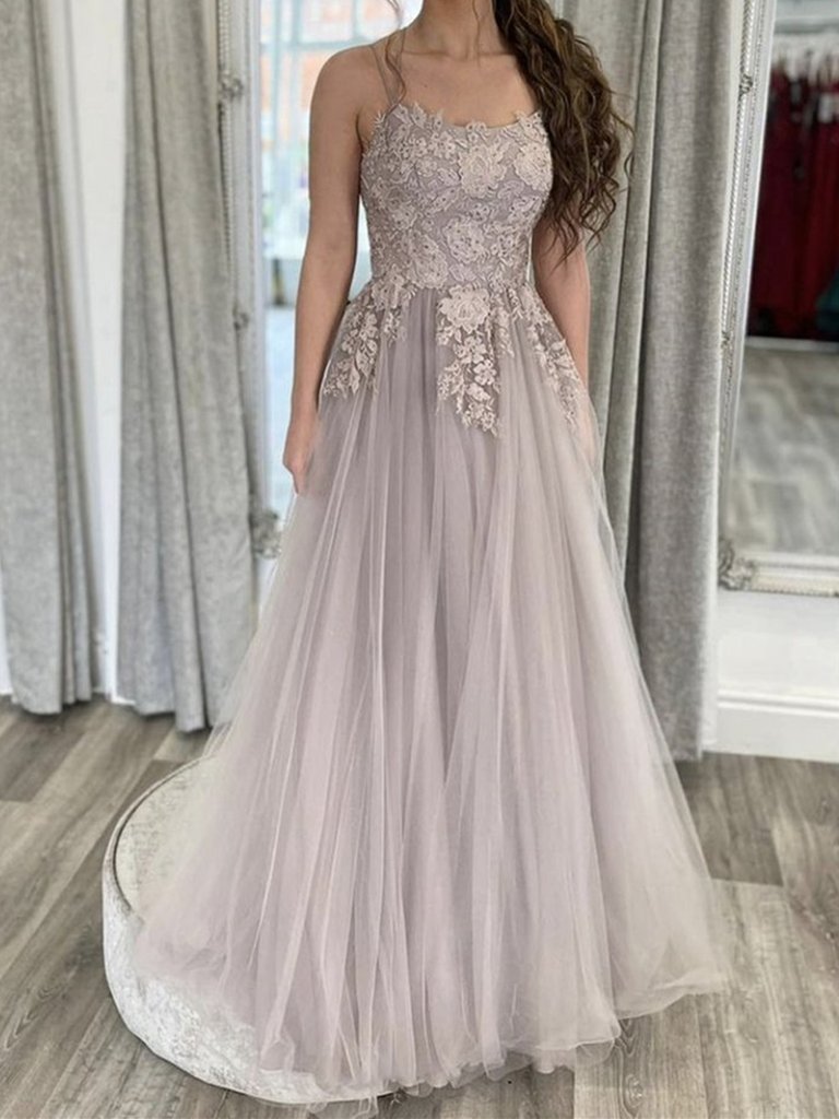 Spaghetti Straps Tulle Gray Appliques A Line  Prom Dress