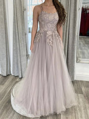 Spaghetti Straps Tulle Gray Appliques A Line  Prom Dress